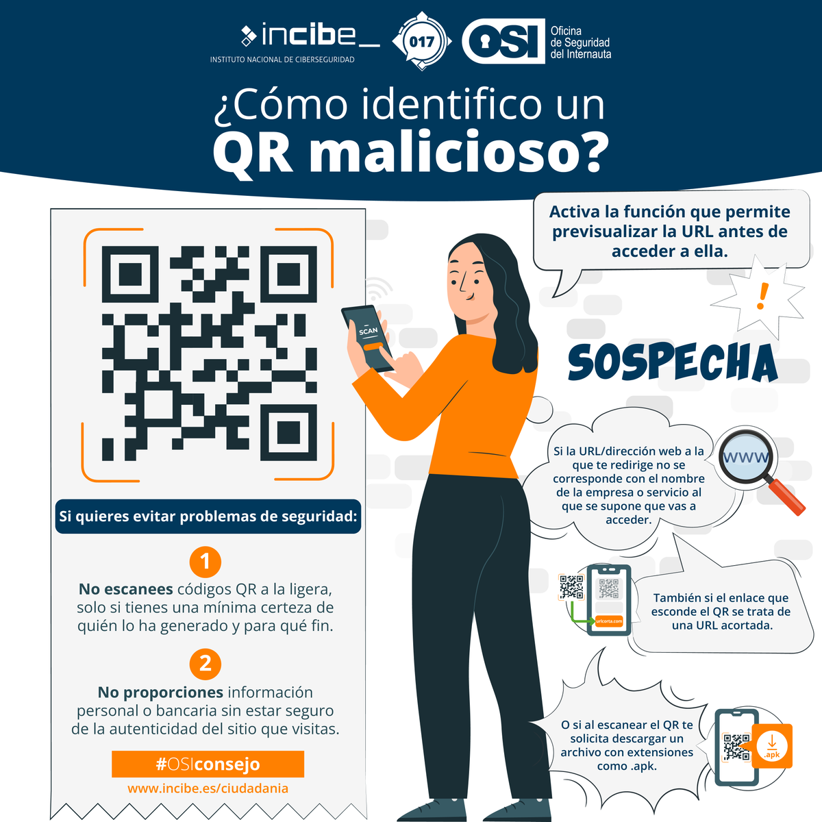 osiseguridad's tweet photo. ¿Sabías que los códigos #QR pueden esconder enlaces maliciosos 👾? Evita códigos desconocidos y no ingreses #datos sensibles tras escanear 📲. 

#PlanDeRecuperación https://t.co/Cj90eWx6Xo