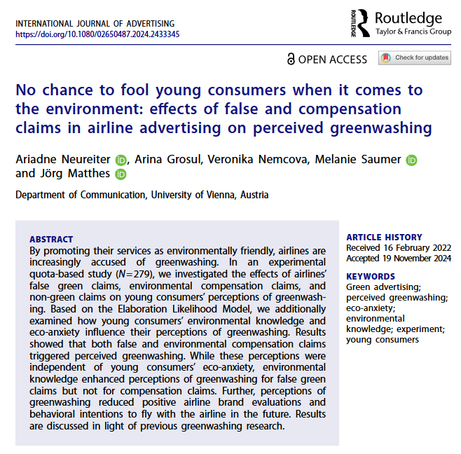 Advertising & Media Psychology (U of Vienna) (@adme_univie) on Twitter photo 📢 New Pub📢
<a href="/AriadneNeu/">Ariadne Neu</a>, Arina Grosul, <a href="/veronik42768184/">Veronika Nemcova</a>, <a href="/MelanieSaumer/">Melanie Saumer</a>, & Jörg Matthes show that young people with higher environmental knowledge are more likely to perceive greenwashing in airline ads with false (but not with compensation) claims.
👉🏼 doi.org/10.1080/026504… 📢 New Pub📢
<a href="/AriadneNeu/">Ariadne Neu</a>, Arina Grosul, <a href="/veronik42768184/">Veronika Nemcova</a>, <a href="/MelanieSaumer/">Melanie Saumer</a>, & Jörg Matthes show that young people with higher environmental knowledge are more likely to perceive greenwashing in airline ads with false (but not with compensation) claims.
👉🏼 doi.org/10.1080/026504…