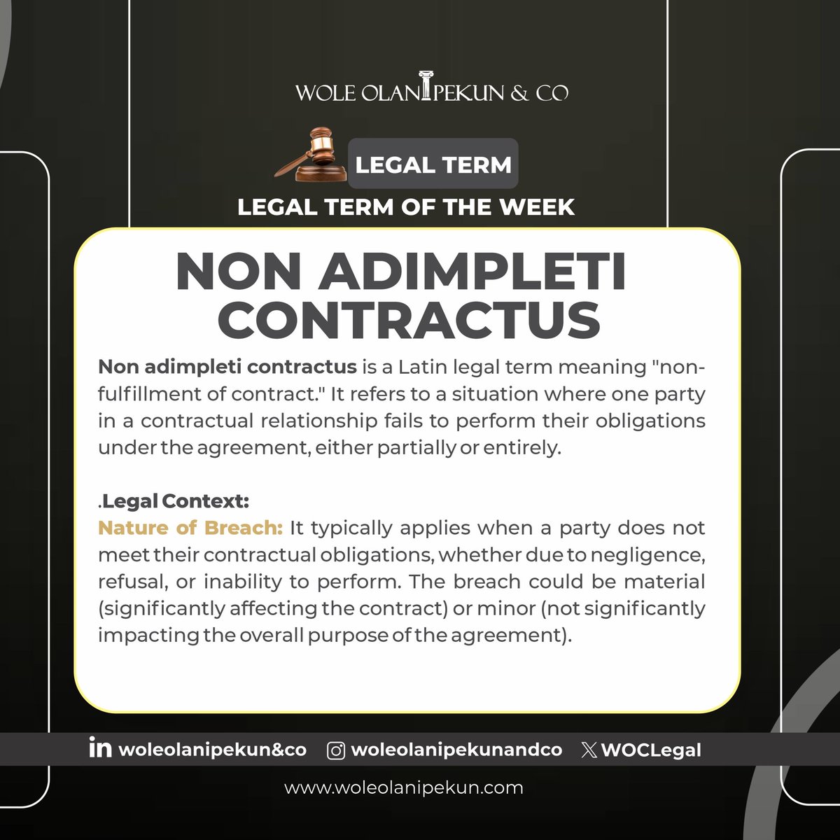 WOCLegal's tweet photo. Legal term of the week.
Non Adimpleti Contractus
#legaltermoftheweek
#legalterm
#lawfirm https://t.co/DiIulCfGNo