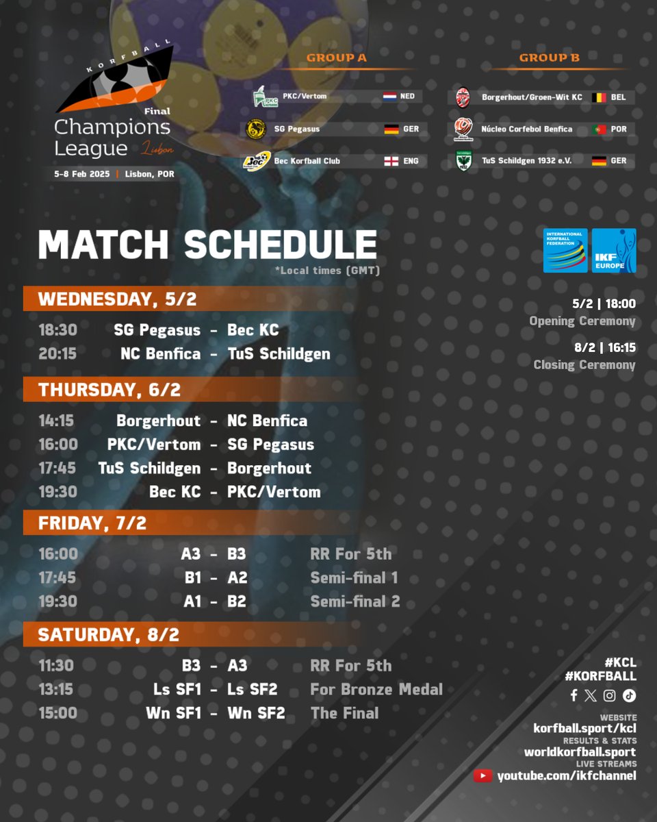 Korfball.org - IKF (@korfball) on Twitter photo The official schedule for the IKF Korfball Champions League Final 2024-25 is now available!โก๏ธ #AlmostHere #AreYouReady #KCLFinal @ikfeurope
๐ IKF #KCL Final 2024-25
๐๏ธ 5-8/Feb/25 ๐ Lisbon, ๐ต๐น POR
๐บ๐๐ฐ korfball.sport/?p=37397
#korfball #TheMixedGenderSport #korfbal #corfebol The official schedule for the IKF Korfball Champions League Final 2024-25 is now available!โก๏ธ #AlmostHere #AreYouReady #KCLFinal @ikfeurope
๐ IKF #KCL Final 2024-25
๐๏ธ 5-8/Feb/25 ๐ Lisbon, ๐ต๐น POR
๐บ๐๐ฐ korfball.sport/?p=37397
#korfball #TheMixedGenderSport #korfbal #corfebol