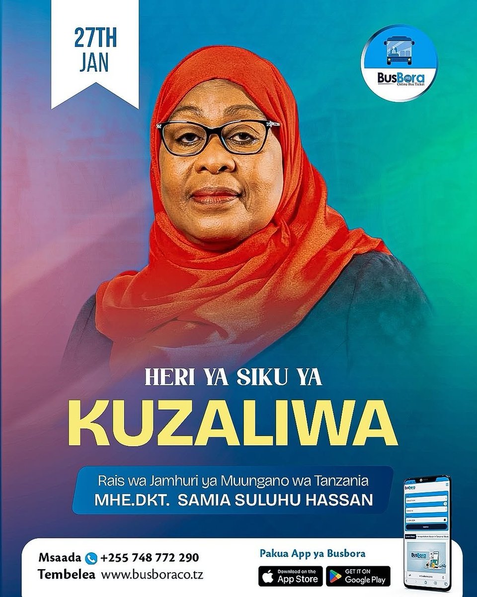 BusWorldTZ's tweet photo. Heri ya Siku ya Kuzaliwa Mhe. Rais wa Jamhuri ya Muungano wa Tanzania Dkt. Samia Suluhu Hassan.
#Busbora #busworldtanzania #KataTiketiPopoteUlipo #tiketimtandao https://t.co/zUwBNulHGv