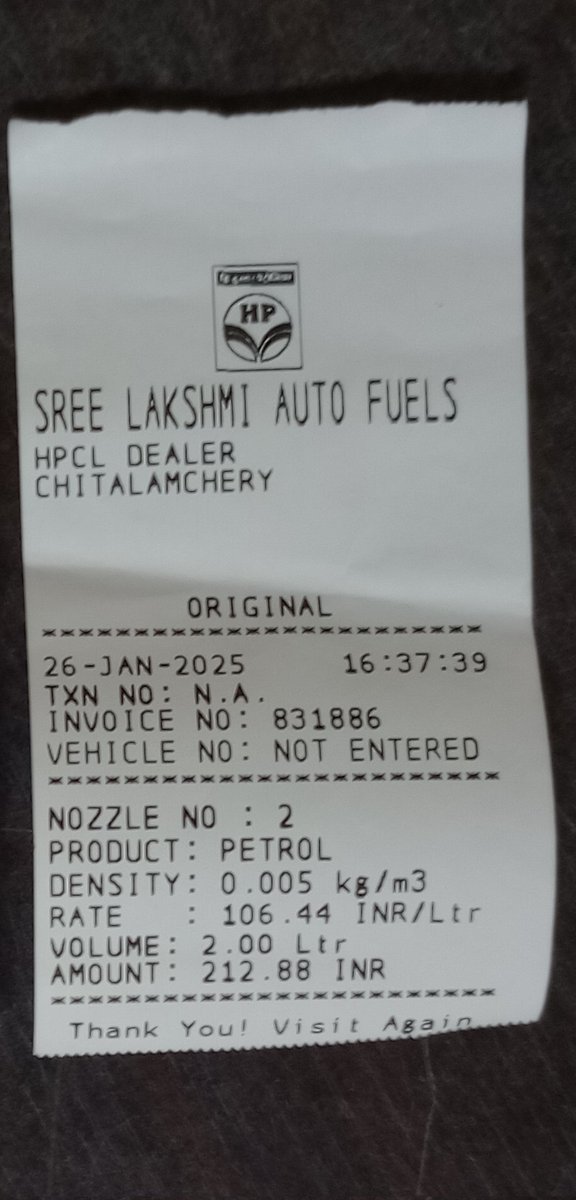 Got fuelled my bike with <a href="/HPCL/">Hindustan Petroleum Corporation Limited</a> 's 0.005 kg/m³ density petrol. Glad I collected the bill.😐

<a href="/PetroleumMin/">Ministry of Petroleum and Natural Gas #MoPNG</a>