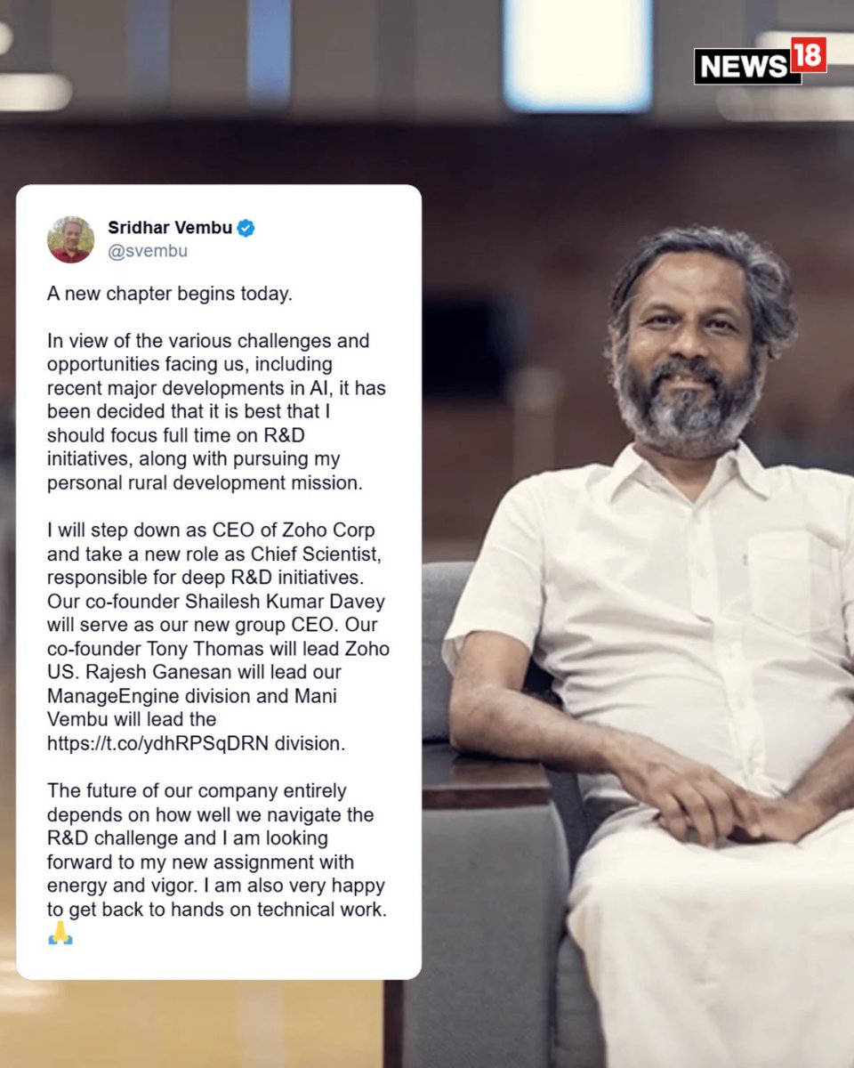 CNNnews18's tweet image. Sridhar Vembu, the founder of the Zoho Corp, has stepped down as the CEO of the software firm. Vembu wrote on social media platform X that he would focus on research and development as the ‘chief scientist’ of the company.

#Zoho #BusinessNews #ZohoCEO #SoftwareCompany…