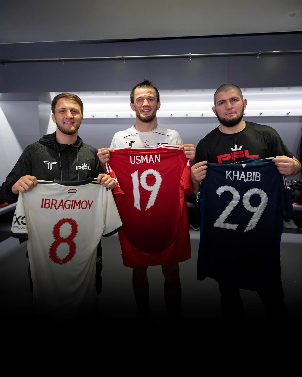 Ibrahim Ibragimov, Usman Nurmagomedov and Khabib Nurmagomedov hold the 2024/25 United third, home and away shirts respectively.