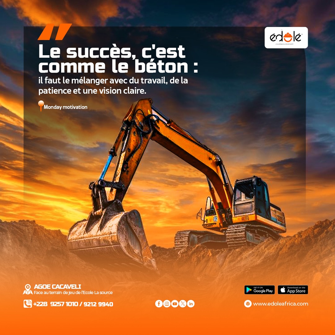 Que cette semaine soit couronnée de succès pour tous. 

EDOLE AFRICA, le numérique au service du BTP

#EdoleAfrica #ouvriers #enginsdechantier #BTP #Bonnesemaineatous