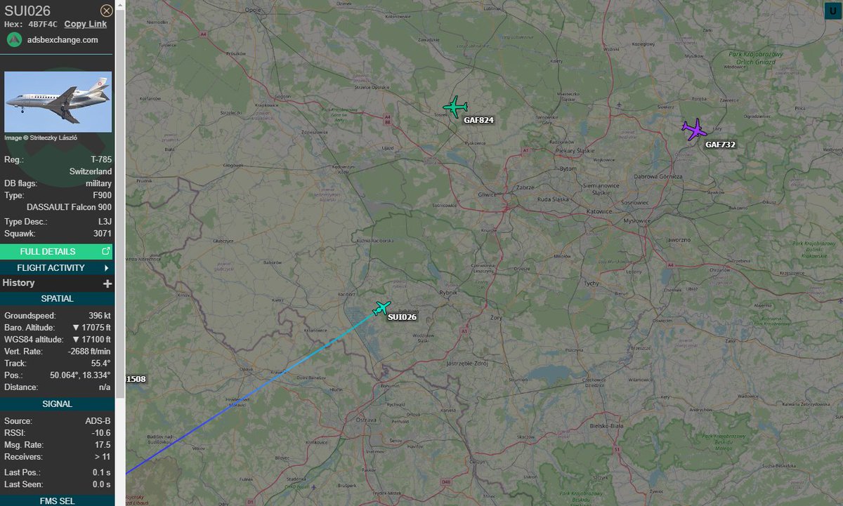 PolishMilRadar's tweet photo. ⌚️ 27.01 11:12Z
🇨🇭 Swiss Air Force
✈️Dassault Falcon 900EX "T-785"
       #SUI026 on descent ⬇️
🛫 Dübendorf Air Base #LSMD
🛬 Katowice Airport #EPKT
https://t.co/6F69F3bZfE

Swiss delegation to Oświęcim #Auschwitz80 

#POLMILRADAR https://t.co/adWArtLCRG