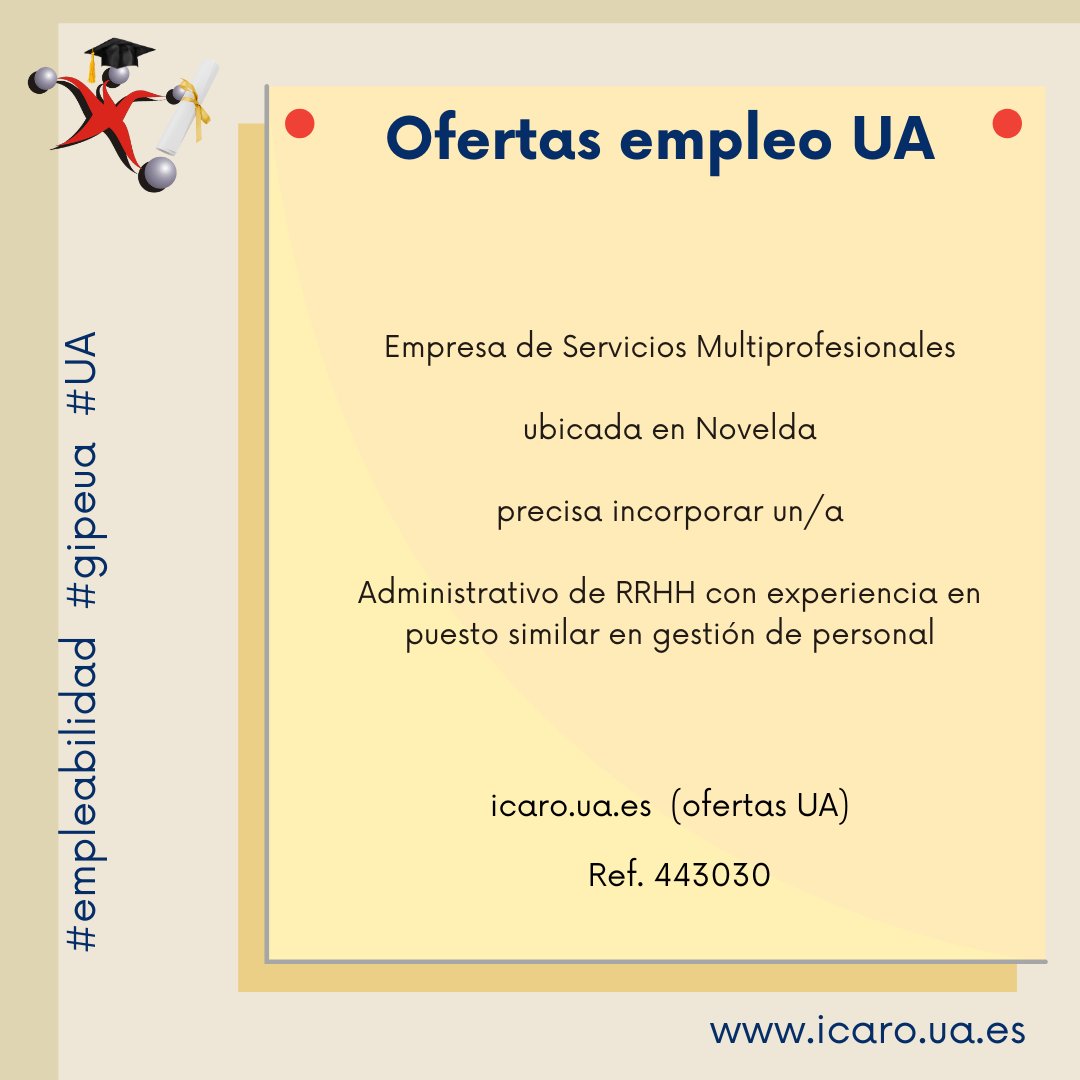 gipeua's tweet photo. Tablón de ofertas de Empleo: 
Administrativo de RRHH con experiencia (Novelda)
https://t.co/8cOAYqbMPd 
@Derecho_UA @EurleElda @CBDecisiones @UA_Universidad @CentroEmpleoUA @_Alumni_UA #empleabilidad #gipeua #UA https://t.co/IMv7ZNfAZI