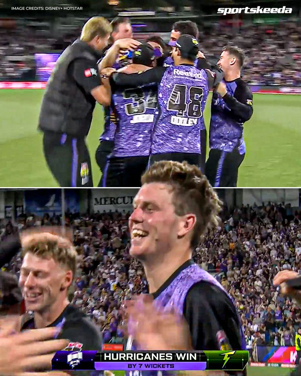 Sportskeeda's tweet image. The winning celebration of the Hobart Hurricanes after securing their maiden title in the BBL 🔥

#BBL #Cricket #Bigbash #Hobart