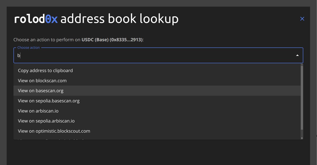 Here's another handy feature added in v1.5.0 - the ability to perform actions directly on the address you just looked up, e.g. viewing it on a block explorer. More to come on this front! rolod0x.io/docs/user-manu…