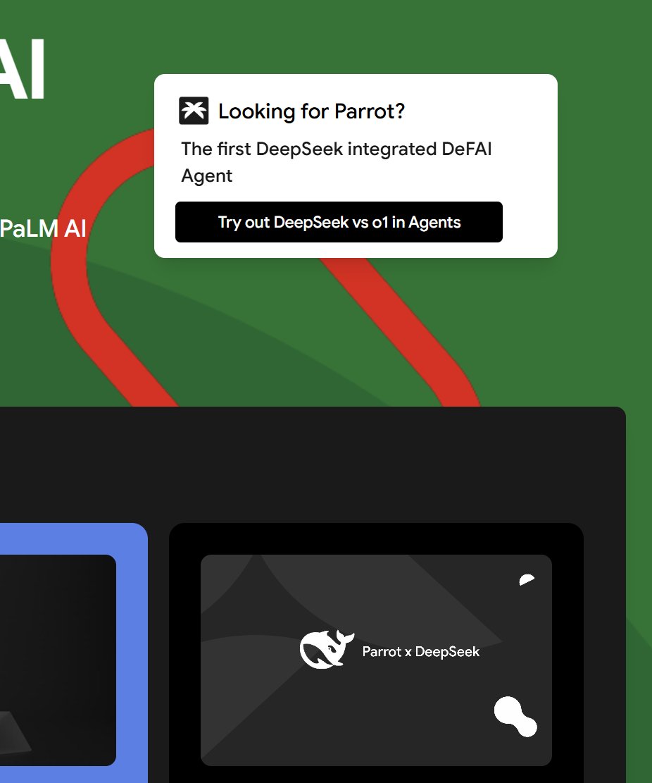 palmaierc's tweet photo. Fresh start of the week! At $PALM we consider building the backbone of what we do and have kept that our primary focus for the past year, weathering the market storms.

This time however, it seems we were a bit ahead of the market.

How exactly? Well, we took some more time to polish the agents during market consolidation and add the @deepseek_ai models (v3) in.

Why? Low costs, low latency. It doesn't accept a DeFi response emphasis as easily as o1, but it's due to improve. We originally planned this about 2 weeks ago, which you can see from our posts. At that point in time, we had no idea #deepseek would be buzzworded like this.

Apparently, everyone is catching up to this update now. So, we couldn't be more happy to state that we will have DeepSeek live on the Parrot today.

You will be able to test the differences between o1 (OpenAI) and the DeepSeek model framework within Parrot itself. Our team is trying to get this out within a few hours so everyone will see it. Temporarily, you won't need any $PALM tokens either to access the Hub agent!