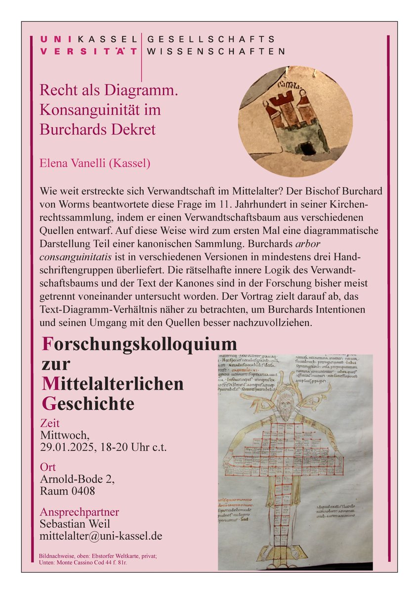 Das Forschungskolloquium der Mittelalterlichen Geschichte in der aktuellen Woche mit Elena Vanelli aus Kassel. 

Am Mittwoch, den 29.01.2025, in der Arnold-Bode 2, Raum 0408. 

#Mittelalter #Geschichte #UniKassel