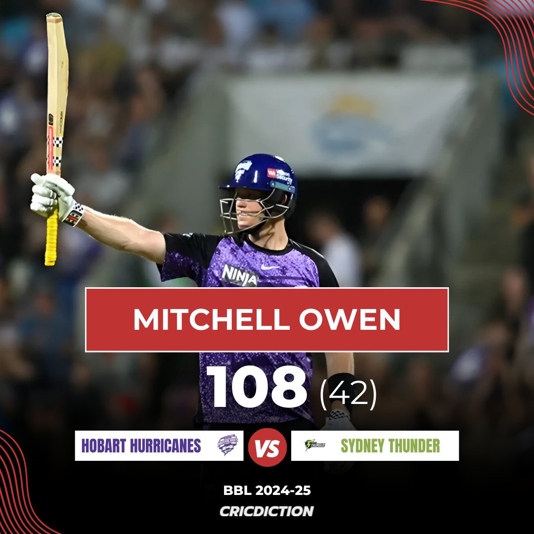 cricdiction's tweet photo. 🚨 MITCH OWEN MAKES HISTORY! 💥
He smashes the joint-fastest hundred in BBL history—and does it in the GRAND FINAL! 🔥🏏
An unforgettable knock under the brightest lights! 🌟
#BBLFinal #Cricket #Hobart #STvsHH https://t.co/tDdwp0XU8Y