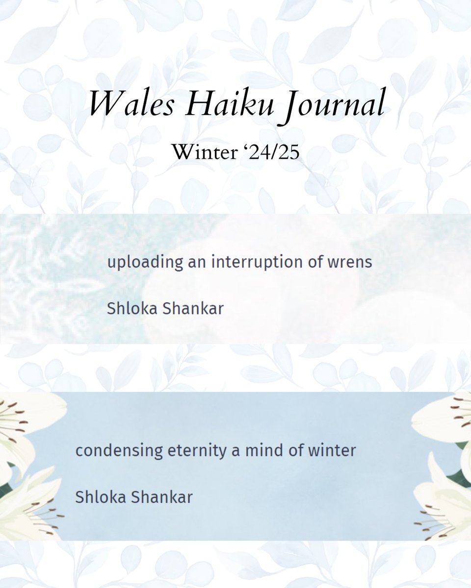 shloks89's tweet photo. I'm happy to share my first publication of 2025! :)

Grateful thanks to editors Joe Wodehouse and C. X. Turner of @WalesHaiku for including two of my monoku in the Winter '24/25 issue.

Download here:

https://t.co/upSi1GBLog https://t.co/x5UfhSCmuz