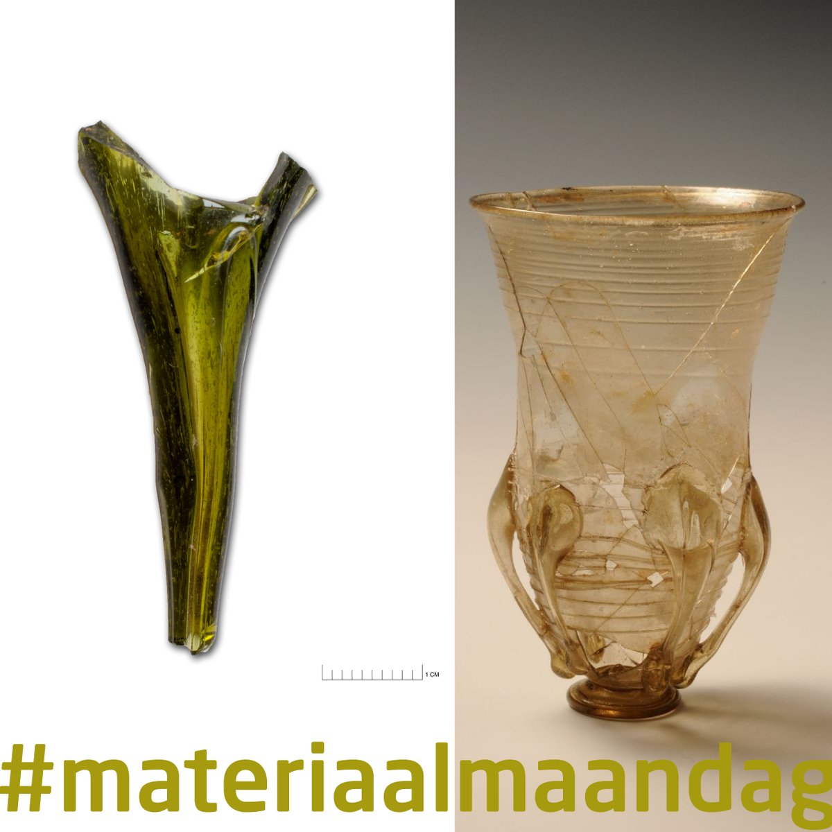 RAAPerfgoed's tweet photo. Als materiaalspecialist vind je tussen de opgravingsvondsten soms #glas met een aparte vorm, zoals dit een stukje. Hoewel het vrij klein is, is het mede vanwege de vondstlocatie goed thuis te brengen. Het is één van de typerende slurfvormige uitsteeksels die een #slurfbeker zijn naam geven. Slurfbekers worden vooral in Merovingische graven gevonden (450-750 na Chr.) In Nederland, maar ook daarbuiten, zijn ze zeer zeldzaam. Voorbeelden zijn bekend uit het grafveld van Rhenen (zie foto, bron RMO) en uit Obbicht. Voor zover we weten is dit de eerste slurfbeker die in een nederzetting is gevonden en mogelijk pas het derde exemplaar dat uit Nederland bekend is. #materiaalmaandag
