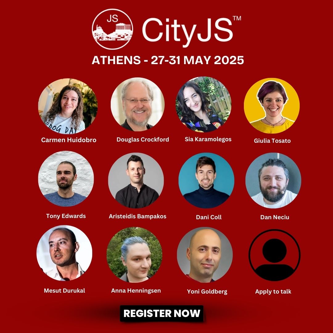 Our speakers lineup for #CityJSAthens is expanding with some new names and some familiar ones!!

Some amazing speakers will be there including the legendary #DouglasCrockford

<a href="/tonyedwardspz/">Tony Edwards</a>
<a href="/abampakos/">Aristeidis Bampakos</a>
<a href="/danicolldev/">Dani Coll</a> 
<a href="/addaleax/">Anna 🏳️‍⚧️ #blm 🍉</a> 
<a href="/neciudan/">Neciu Dan</a> 
<a href="/nodepractices/">Practica - Node.js Best Practices</a> 
<a href="/hola_soy_milk/">Carmen Huidobro</a> 

Register
