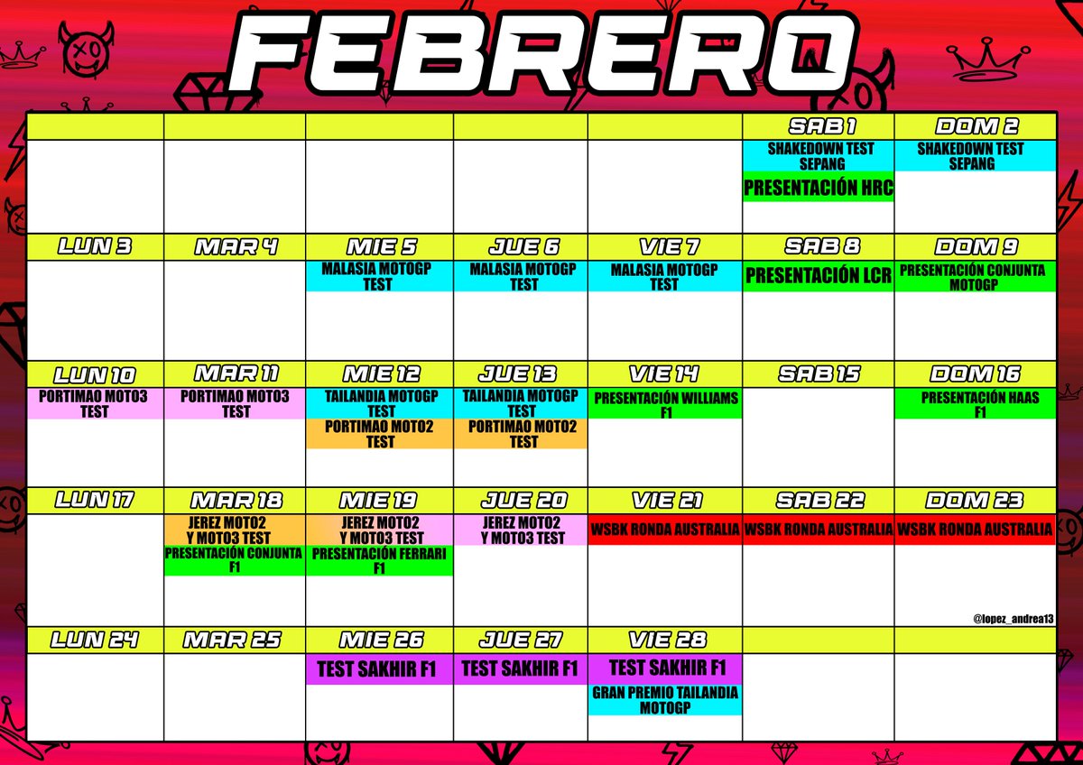 lopez_andrea13's tweet photo. Os veo muy tranquilos cuando ya aparecen las primeras carreras por el horizonte... 👀👀

CALENDARIO DE FEBRERO... ESTO EMPIEZA🔥🔥
#MotoGP #F1 #WSBK https://t.co/2ZHS4h1mPQ