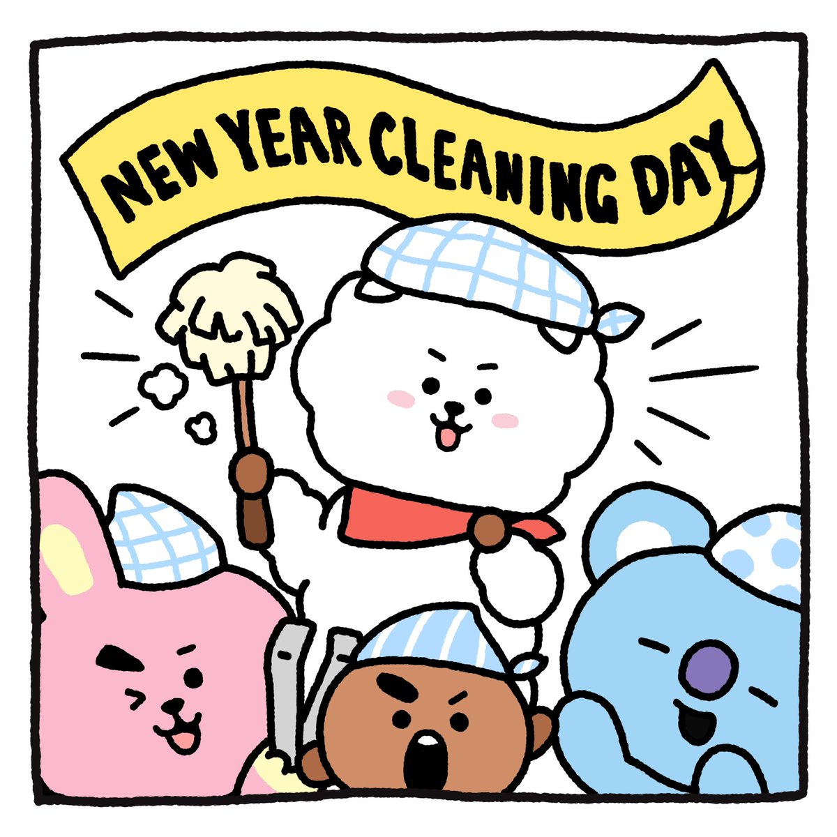 BT21_'s tweet photo. And the New Year cleaning spree begins! 🧹✨

新年を迎えて大掃除スタート！🧹✨

신년맞이 대청소 시작이다앗~ 🧹 https://t.co/hjQkPjtvBx