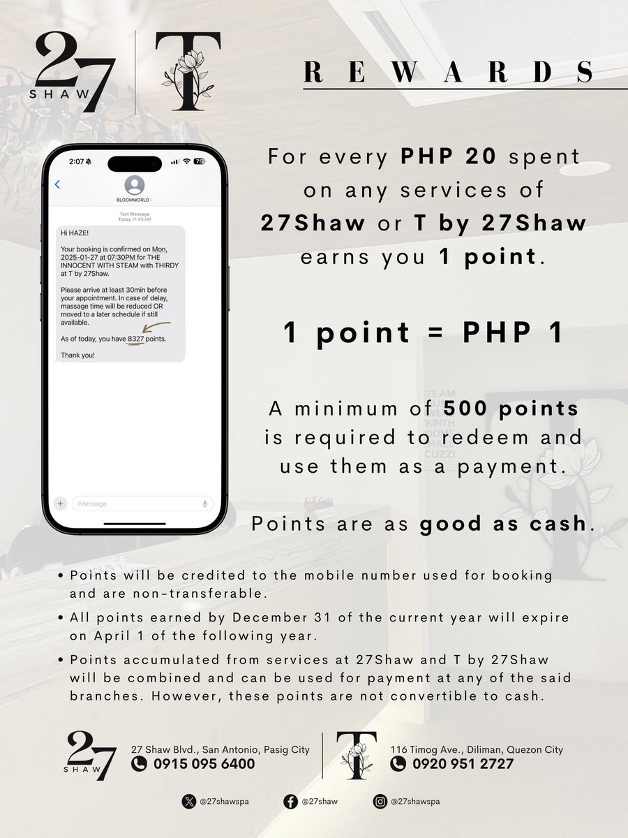 Pamper yourself and your wallet. Earn points with every visit. ✨

#ThisIs27Shaw
#Tby27Shaw