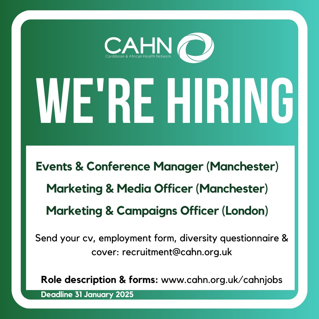 cahn_uk's tweet photo. 🚨 We’re Hiring! 🚨  

Join the CAHN team in our mission to end health inequalities! 

📌 Marketing &amp; Campaigns Officer (LDN) 
📌 Marketing &amp; Media Officer (MCR) 
📌 Events &amp; Conference Manager (MCR)
  
Relevant experience required. 
Apply by 31 Jan 2025: https://t.co/a7kon8scWe https://t.co/3BJlDVzJKj