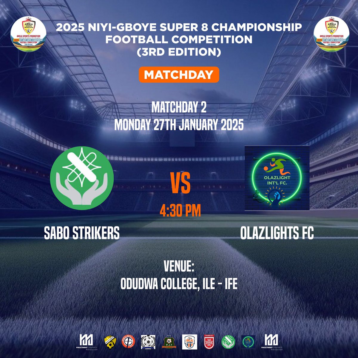 SabostrikerFc's tweet photo. MATCHDAY ALERT

It's time to rally behind Sabo Strikers!

Today, We face off against Olazlights FC at the Niyi Gboye Super 8 tournament!

Show your support for the Bulama Boys

Be there to cheer on Sabo Strikers! Let's go, Bulama Boys! @OlaiyaAzeezLaw1 @obagesport79558 @Jkbulama https://t.co/eAZFT5Y1tu