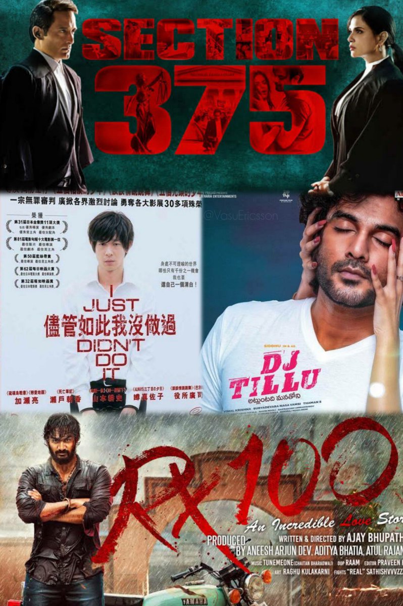 VasuEricsson's tweet photo. Oh, they did. Sample list of #RedPill movies that warn about Female Nature.
I JUST DIDN'T DO IT (2006): A young man is falsely accused of molesting a girl & fights for his freedom
#DJTillu (2022)
#Section375 : Women misusing #RapeLaws in India
#RX100 (2018) by #AjayBhupathi https://t.co/Ecy96JiPoQ