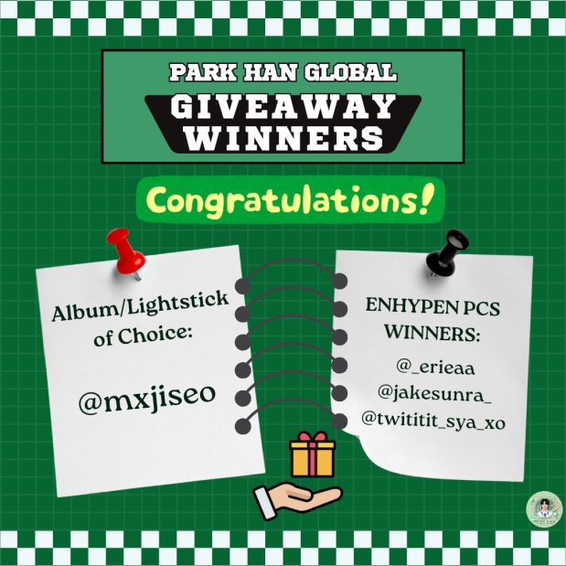ParkHanGlobal's tweet photo. Hi Everyone! 😼
We want to extend a huge thank you to all who participated in our Giveaway! your support is truly appreciated. We're thrilled to announce our winners—congratulations! Stay tuned for more exciting opportunities ahead! 💚
#AllForHan #ParkHan #AHOF @AHOF_official https://t.co/jR9DuLQGU7