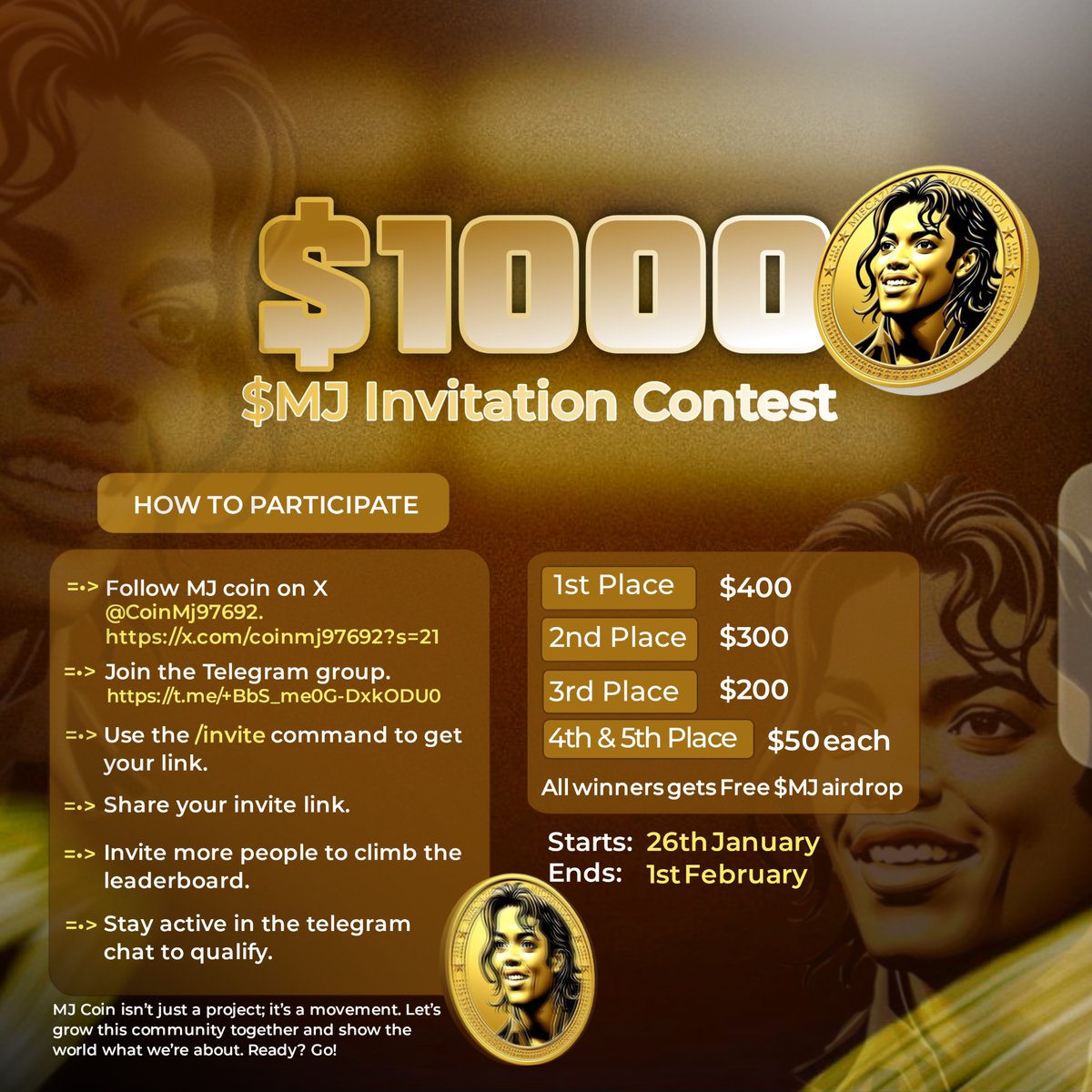 CoinMj97692's tweet photo. GM, MJ Coin fam! 🌞

Rise and shine—it’s time to grow and win! MJ Coin is all about building something legendary together, and YOU are a key part of this movement. 🌟

💥 Reminder: Our Invite Contest is LIVE! 💥
👥 Spread the word, bring in your friends, and climb the leaderboard for massive rewards! 🏆
The more you invite, the bigger your chances to win. 💰

📌 Don’t wait—start inviting now and be part of the next big thing!
Details here

https://t.co/mDXPtBuFDc