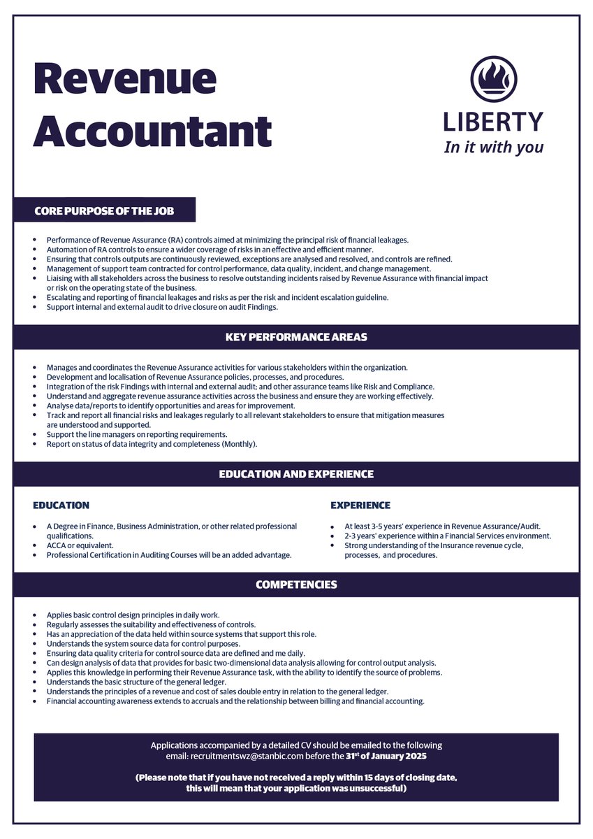 StandardBankSZ's tweet photo. Vacancy Alert! 🤩 
Revenue Accountant 
#BlueLove https://t.co/R1zebOPmsv