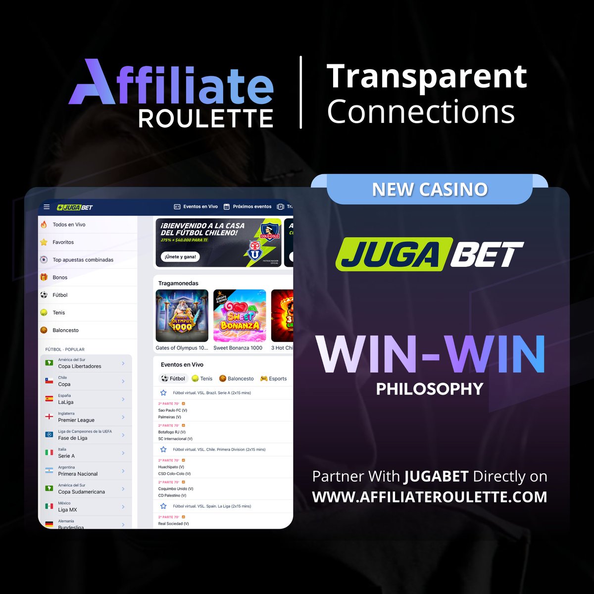 Affiliate Roulette + <a href="/jugabet_cl/">JugaBet Chile</a> 

JugaBets win-win philosophy is at the core of their operations!

💸 CPA &amp; Hybrid Deals

Ready to partner with JugaBet? affiliateroulette.com/affiliate-prog…

#JugaBet #GrowePartners #Casino #Slots #iGaming #Affiliate #AffiliateRoulette