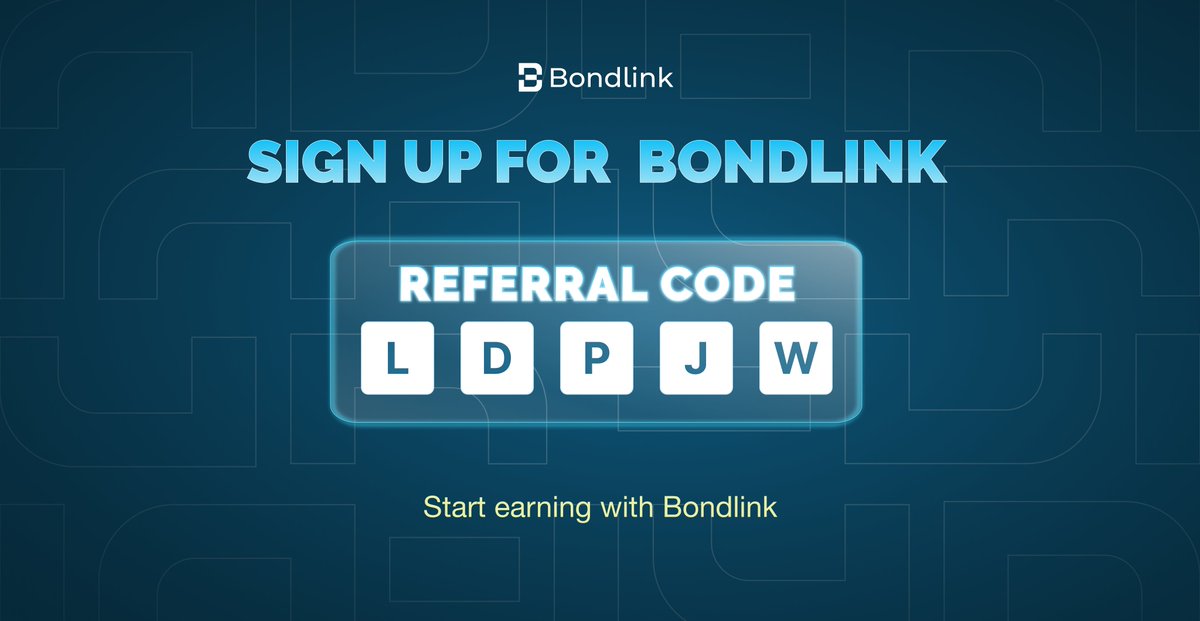 BondlinkFinance's tweet photo. To access Bondlink for the first time, simply sign up on the platform and enter the referral code LDPJW during registration.

👉 Use Referral Code: LDPJW 
👉 Try Bondlink here: https://t.co/q06hCvNgUp

By using the code, you’ll gain access to all of Bondlink’s features, including staking to earn rewards with competitive APY, as well as the opportunity to earn B-Points. Start earning with Bondlink, today!
