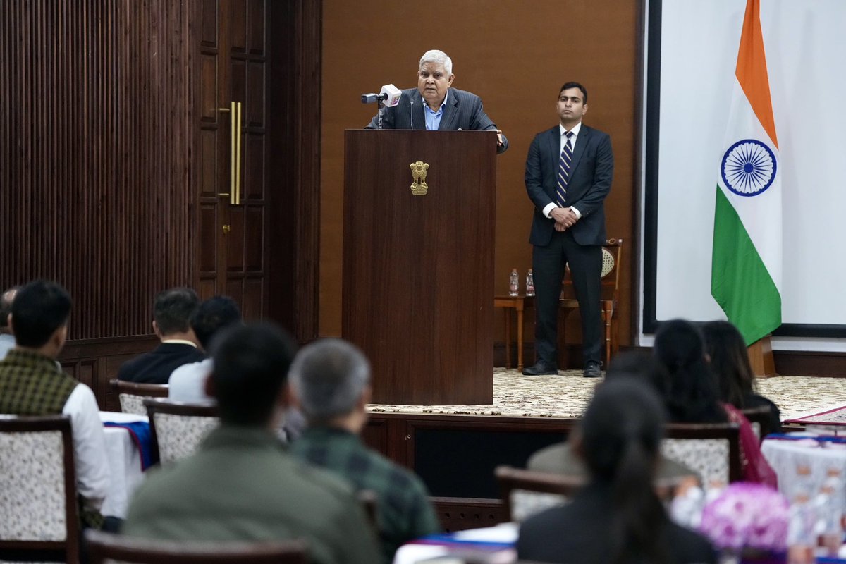 VPIndia's tweet photo. Hon'ble Vice-President and Chairman, Rajya Sabha, Shri Jagdeep Dhankhar addressed the fifth batch of participants of the Rajya Sabha Internship Programme at Vice-President's Enclave today. #RajyaSabha https://t.co/Un0VSuMEaF