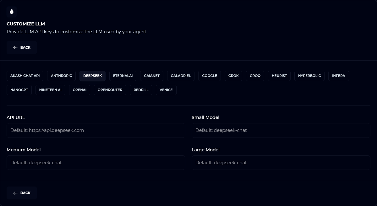 saios_app's tweet photo. Eliza integrates with DeepSeek as an LLM provider. To enable DeepSeek for all agent interactions, select your agent on https://t.co/5qY49WC7pu and click 'Customize LLM' to enter the required API details.

Once complete your agent will be restarted and all active integrations will begin using DeepSeek.