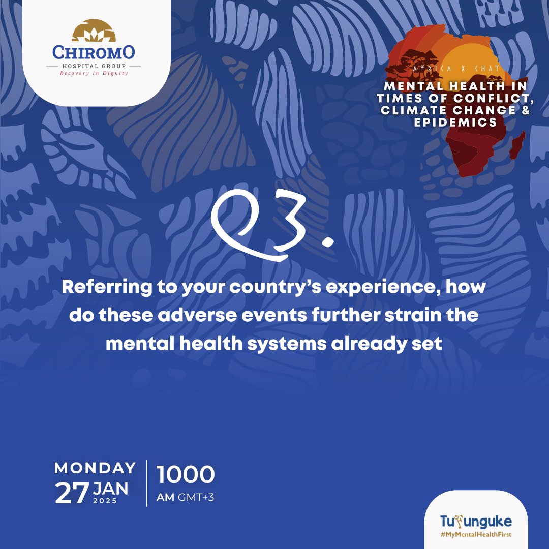 Q3. Referring to your Country's experience, how do these adverse events further strain the mental health systems already set? 

<a href="/GeorgeWNjoroge/">George W Njoroge</a> <a href="/Baby_Naaaaa/">Future UN Secretary-General</a> <a href="/Lukayi_Chosen/">Lukayi Esther Kisakye Chosen</a> <a href="/BDiana1st/">Dee❣️🇰🇪</a> <a href="/mental360kenya/">Mental 360</a> <a href="/w_mwangi19/">⭐Wanjiru Mwangi ⭐</a> <a href="/Mybody_Ke/">MY BODY MY BODY</a> <a href="/mulindwa_guy/">Mulindwa Moses</a> <a href="/J_YouthAdvocate/">Joseph Macharia Kimemia</a>
<a href="/DFHRC/">Diplomats For Health In Resilient Community</a> <a href="/_Korle/">Korir_lenny™</a>