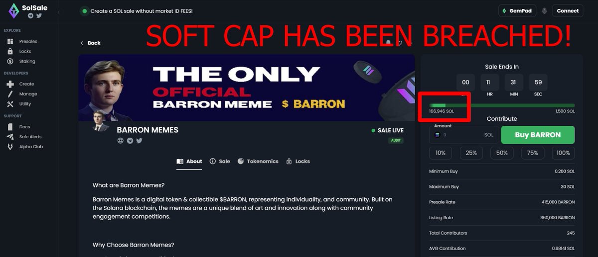 In just under 12h of $BARRON We have blown through our Soft Cap of 150 SOL, with half of the presale timer left this is the only chance for the seed round to secure a 15% discount on Launch prices!

Link: solsale.app/presale/9s2xsy…