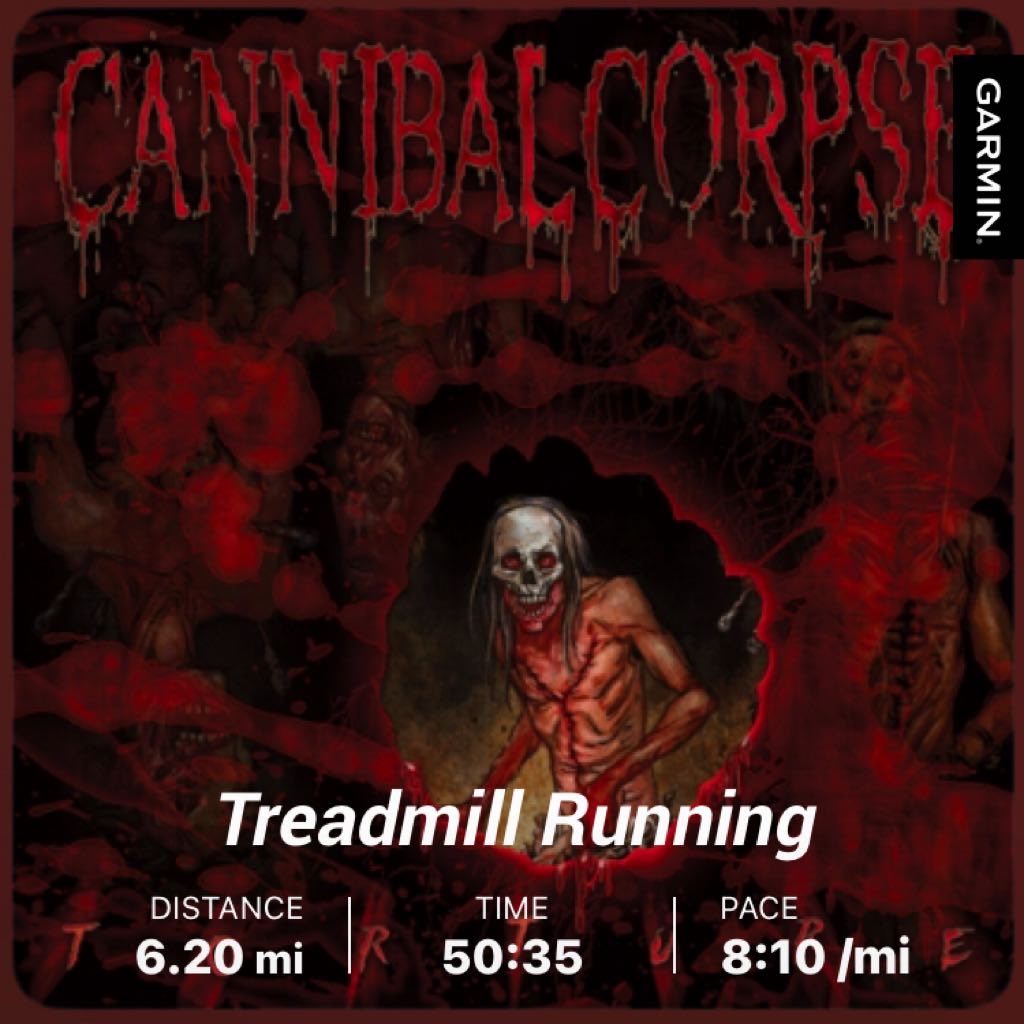 kenda11fella's tweet photo. Nasty weather outside. Treadmill and the mighty Cannibal Corpse on shuffle was time well spent  happy Monday all. #Heavymetalrunner #runner #fitnessmotivation #respecttheneck #runningpunks https://t.co/Biolr8wFOk