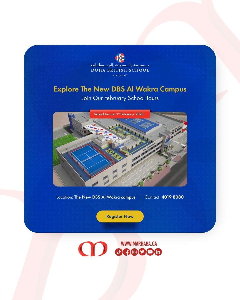 MarhabaQatar's tweet image. Discover what makes #DohaBritishSchool Al Wakra a standout in education. Tour the state-of-the-art campus and meet members of the Senior Leadership Team.⁠
⁠
📅1 February 2025, 8:45 am⁠
⁠
For registration, dohabritishschool.com/wakra/school-t…
⁠
#DBSWakra #OpenDay @DBSWakra