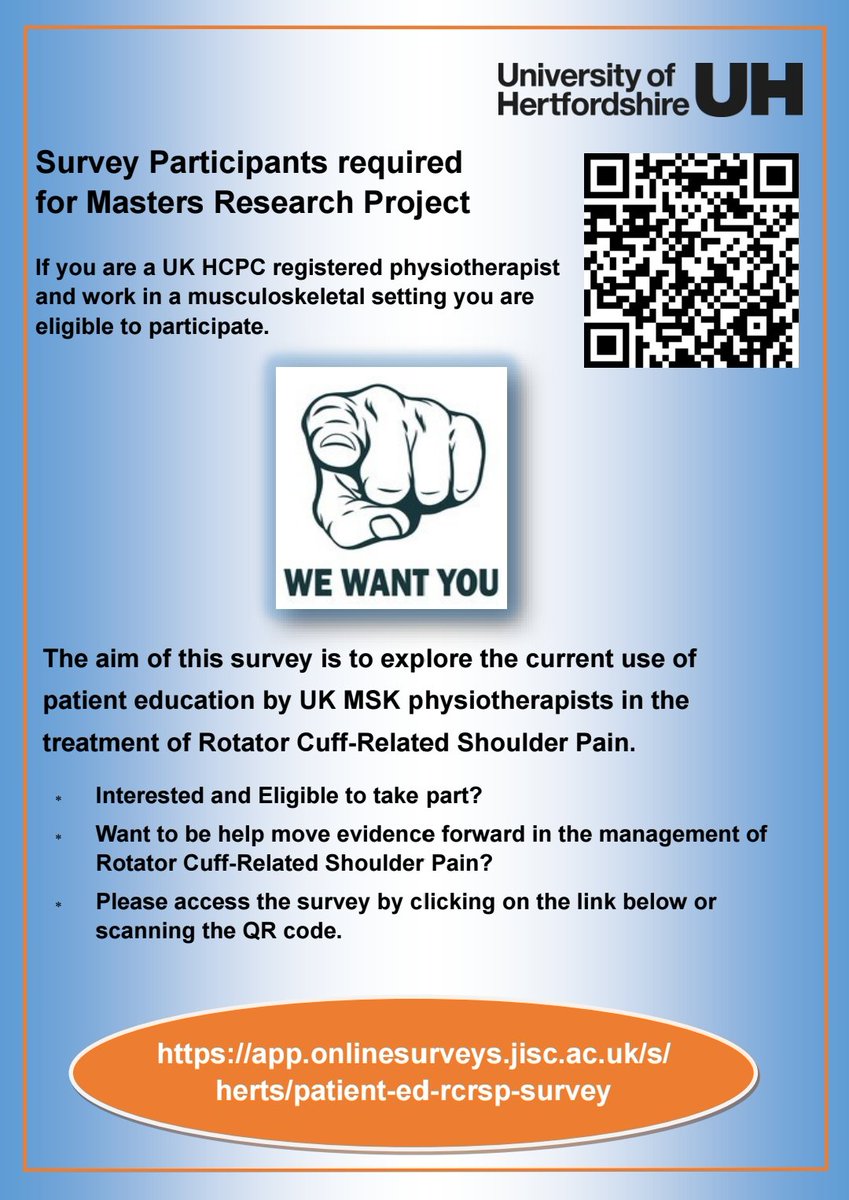 Morning everyone. Thanks again to all those that have responded to my research. Amazing 👏.  This is the final day for those you still want to take part. Click on the link below or scan the QR Code. Thank you all in advance 👊
app.onlinesurveys.jisc.ac.uk/s/herts/patien…