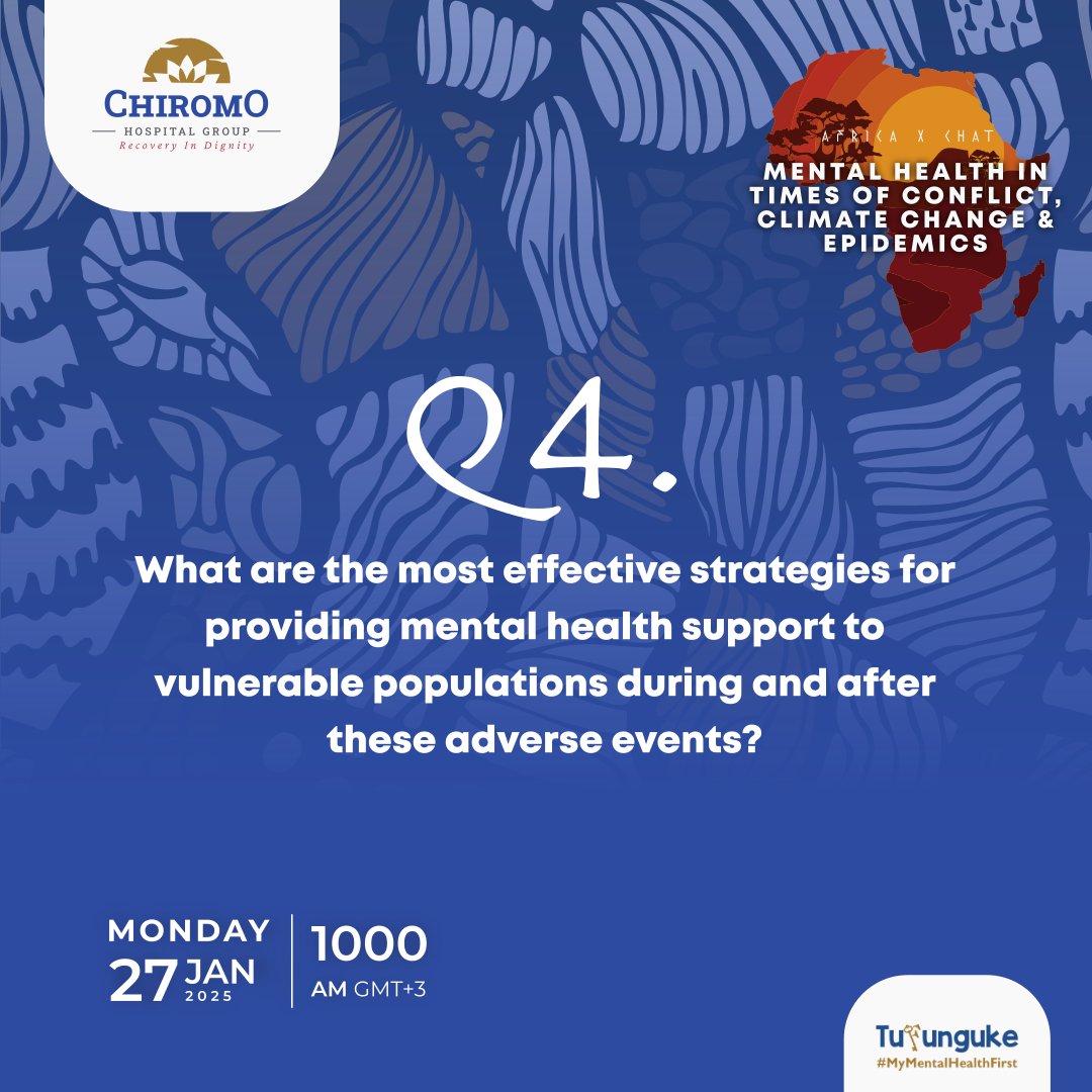 Q4. What are the most effective strategies for providing mental health support to vulnerable populations during and after these adverse events?

<a href="/GeorgeWNjoroge/">George W Njoroge</a> <a href="/Baby_Naaaaa/">Future UN Secretary-General</a> <a href="/Lukayi_Chosen/">Lukayi Esther Kisakye Chosen</a> <a href="/BDiana1st/">Dee❣️🇰🇪</a> <a href="/mental360kenya/">Mental 360</a> <a href="/w_mwangi19/">⭐Wanjiru Mwangi ⭐</a> <a href="/Mybody_Ke/">MY BODY MY BODY</a> <a href="/mulindwa_guy/">Mulindwa Moses</a> <a href="/J_YouthAdvocate/">Joseph Macharia Kimemia</a>
<a href="/DFHRC/">Diplomats For Health In Resilient Community</a>