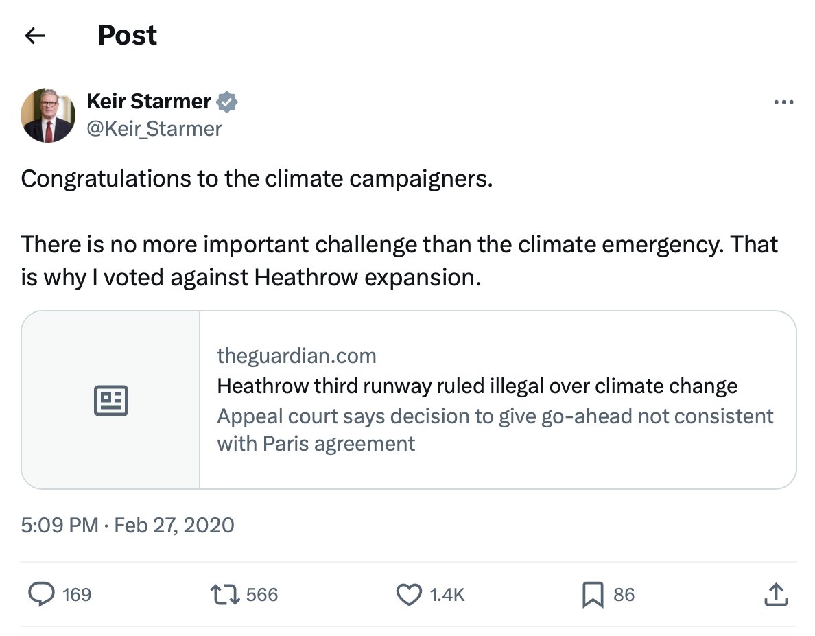 EuropeanPowell's tweet photo. Rachel Reeves is destroying the environment for profit, not 1 but 5 airport expansions are in the running, Heathrow, Gatwick, London City, Stanstead, and Luton airports. 
The UK is being privatised and transformed into a corporate playground for the uber-wealthy.
A reminder of what @Keir_Starmer said about the climate challenge and the Heathrow expansion on Feb 27th, 2020 "Congratulations to the climate campaigners. There is no more important challenge than the climate emergency. That is why I voted against Heathrow expansion"
Everything Reeves and Starmer are doing is for the rich, fuck the environment, the poor, public services, the state, and big Govt. This is neoliberal disaster capitalism on steroids, obscene.
@natalieben @ZackPolanski @carladenyer @TheGreenParty 
https://t.co/oPRhvIAwHE