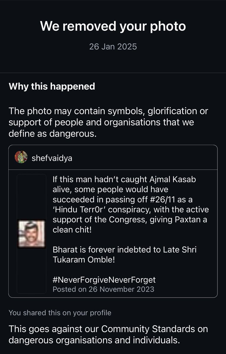 KanchanGupta's tweet photo. Real face of @Meta @instagram 
Photo of Tukaram Omble, who caught Pakistani terrorist Ajmal Kasab alive, has been taken down by Insta.
Mark Zuckerberg's team says Omble's photo 'glorifies' and 'supports' people and organisations that they define as 'dangerous'.
@InstagramComms ? https://t.co/u4x8Elh27Z