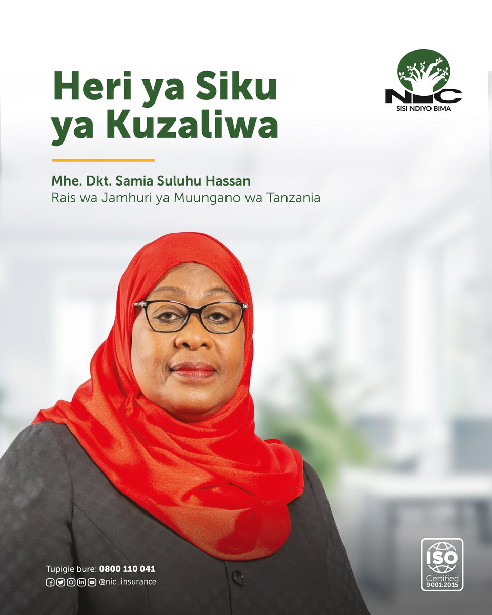 nic_tanzania's tweet photo. Heri ya kumbukizi ya siku ya kuzaliwa Mhe. @samia_suluhu_hassan Rais wa Jamhuri ya Muungano wa Tanzania
#nicinsurance #sisindiyobima https://t.co/QLUVG39nF1