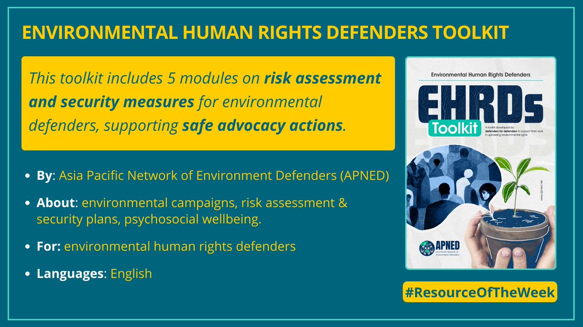 Coalition for Human Rights in Development 🌎 (@rightsindevt) on Twitter photo 🚨 New #ResourceOfTheWeek!
This great toolkit by Asia Pacific Network of Environmental Defenders (<a href="/apned_/">Asia Pacific Network of Environmental Defenders</a> ) offers key tools on risk assessment & protection planning for environmental rights defenders.
👇Check it out & share it widely: bit.ly/APNED-EHRDTool… 🚨 New #ResourceOfTheWeek!
This great toolkit by Asia Pacific Network of Environmental Defenders (<a href="/apned_/">Asia Pacific Network of Environmental Defenders</a> ) offers key tools on risk assessment & protection planning for environmental rights defenders.
👇Check it out & share it widely: bit.ly/APNED-EHRDTool…