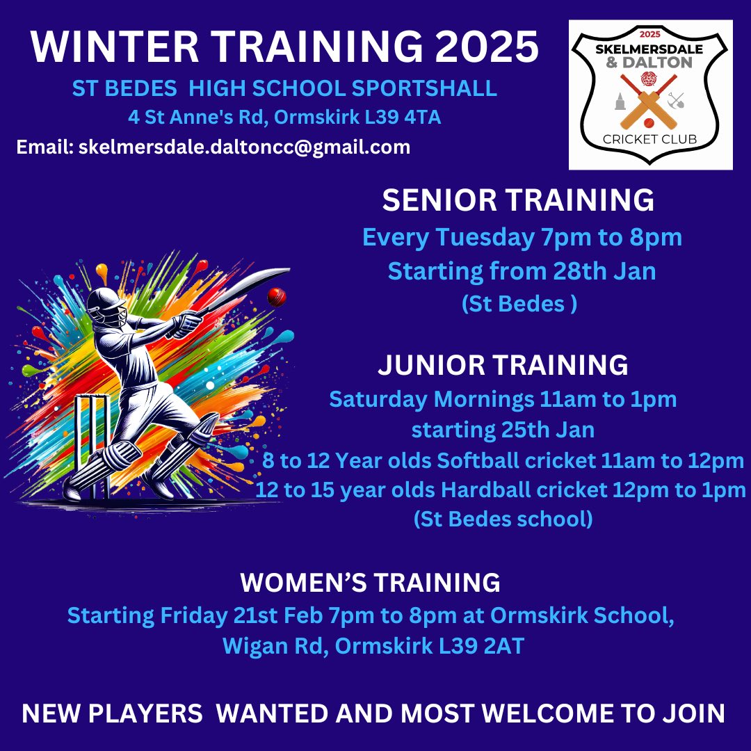 Skelmersdale & Dalton CC (@skelmersdalecc) on Twitter photo 🏏Just a reminder that senior nets start this Tuesday from 7pm to 8pm at St Bede’s school Ormskirk.
🏏New players most welcome to join just turn up on the night and join in.
#westlancs #followers
<a href="/Westlancsbc/">West Lancashire Borough Council</a> <a href="/Activewestlancs/">Active West Lancs</a> <a href="/WLancsCollege/">West Lancashire College</a> 🏏Just a reminder that senior nets start this Tuesday from 7pm to 8pm at St Bede’s school Ormskirk.
🏏New players most welcome to join just turn up on the night and join in.
#westlancs #followers
<a href="/Westlancsbc/">West Lancashire Borough Council</a> <a href="/Activewestlancs/">Active West Lancs</a> <a href="/WLancsCollege/">West Lancashire College</a>