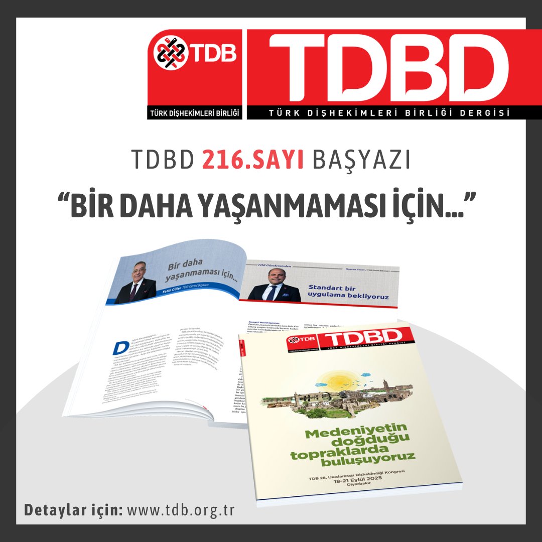 TDBD 216.SAYI BAŞYAZI
‘Bir Daha Yaşanmaması İçin...’
Haberin detayı: tdb.org.tr/icerik_goster.…

#turkdishekimleribirligi #diş #sağlık #dişhekimi #tdbhaber #tdbd #dişhekimliği #gencdishekimleri #tdböğrencikolu