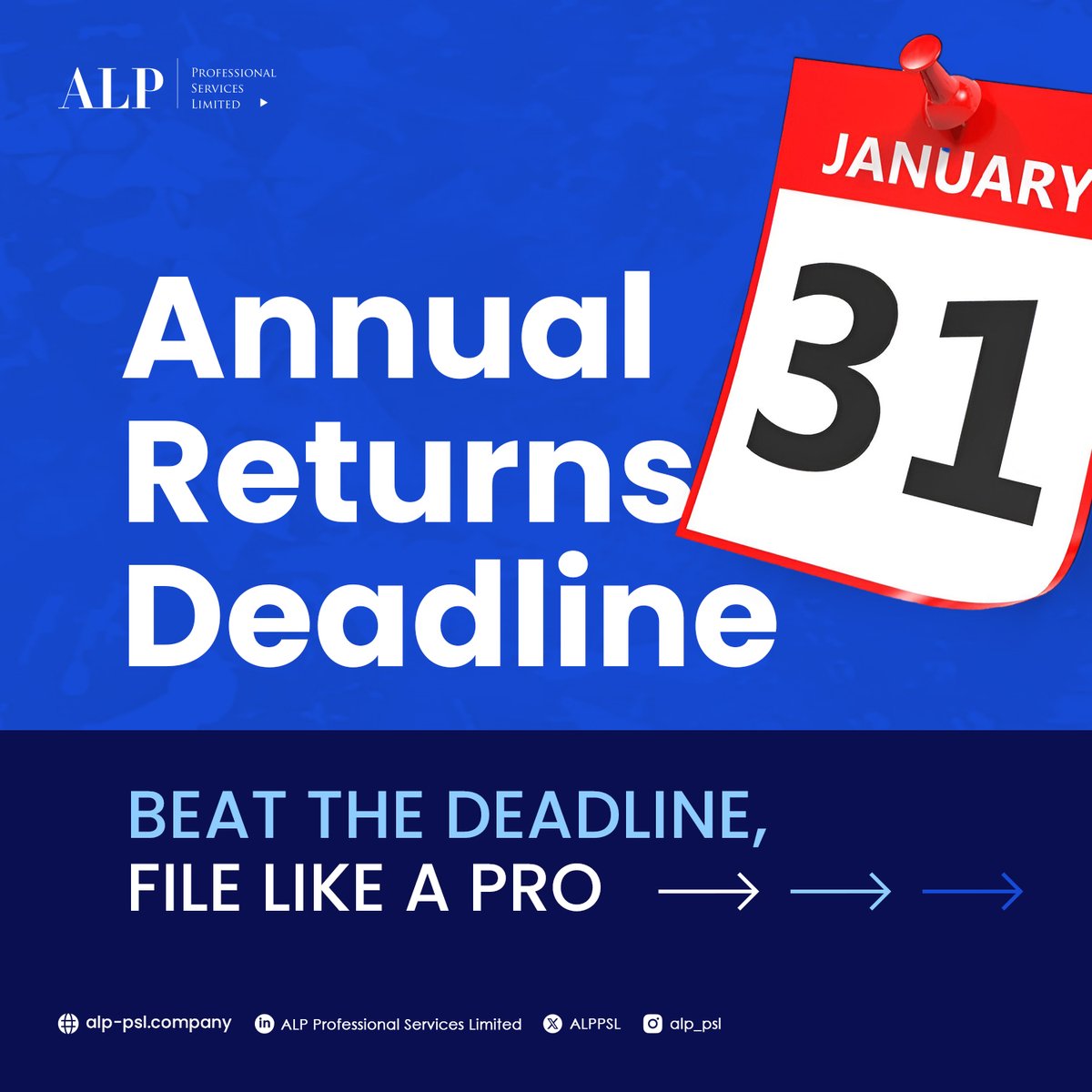 ALPPSL's tweet photo. Happy New Week! | A friendly reminder that the deadline to file your annual returns is only 4 days away!
Don’t let the deadline catch you off guard!
#ALPPSL #Tax #AnnualReturns #Filing #Deadline #January31st https://t.co/H6yaLB3KOx