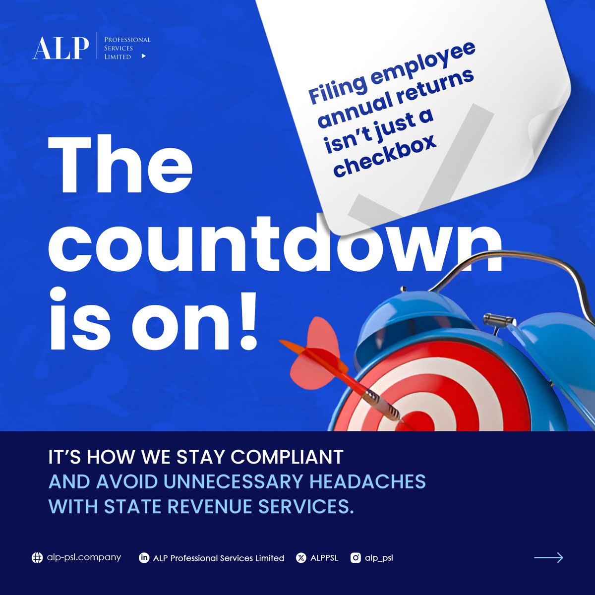 ALPPSL's tweet photo. Happy New Week! | A friendly reminder that the deadline to file your annual returns is only 4 days away!
Don’t let the deadline catch you off guard!
#ALPPSL #Tax #AnnualReturns #Filing #Deadline #January31st https://t.co/H6yaLB3KOx