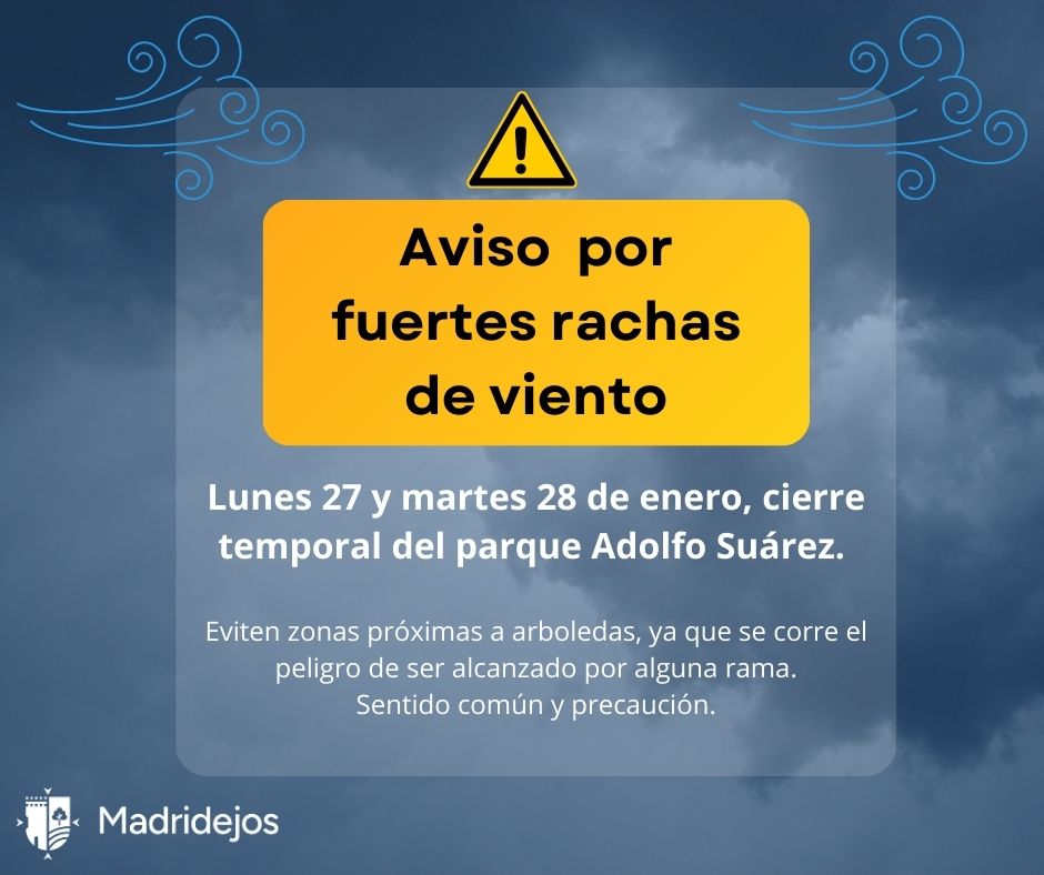 AytoMadridejos's tweet photo. ⚠️ ATENCIÓN ⚠️
Aviso de 🟡 #NivelAmarillo 🟡 por fuertes rachas de #viento 💨💨
#EVITEN zonas próximas a arboledas, ya que se corre el peligro de ser alcanzados por alguna rama.
👉 CIERRE TEMPORAL del parque Adolfo Suárez, lunes 27 y martes 28 de enero. https://t.co/QX527L3fyf