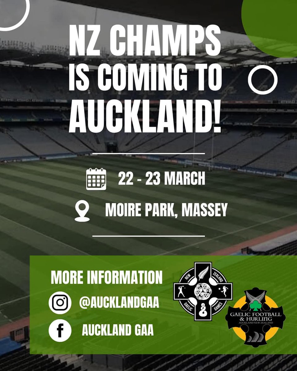 The 2025 New Zealand Championships will take place in Moire Park, Auckland on 22 and 23 March.

Hosted by Auckland GAA, the annual two-day tournament is the highlight of the New Zealand GAA calendar, with teams from across the country taking part.