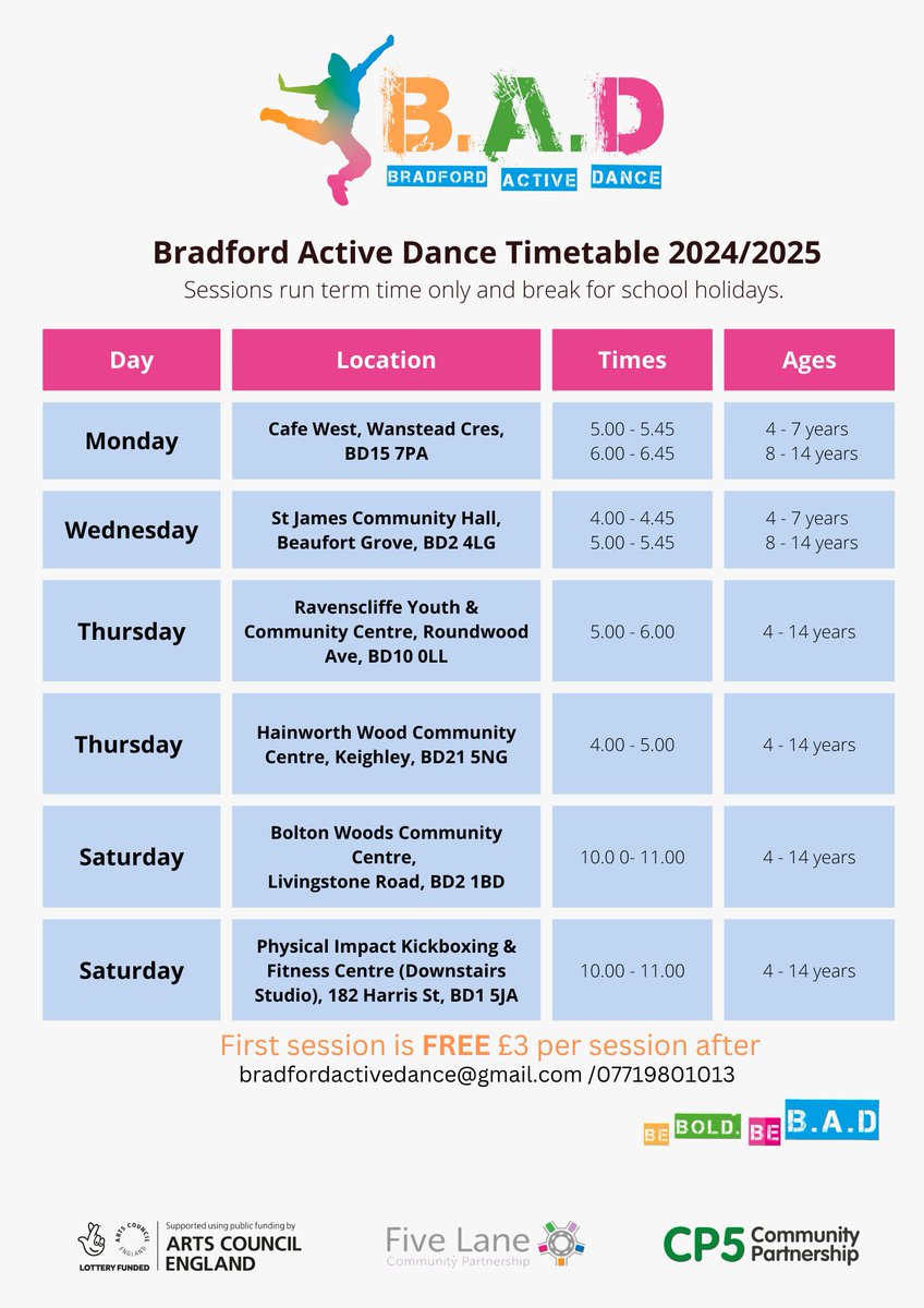 Lots of dance sessions available across the district with <a href="/BADCIC24/">Bradford Active Dance CIC (B.A.D)</a>. 

Take a look at the timetable to find a session near you!