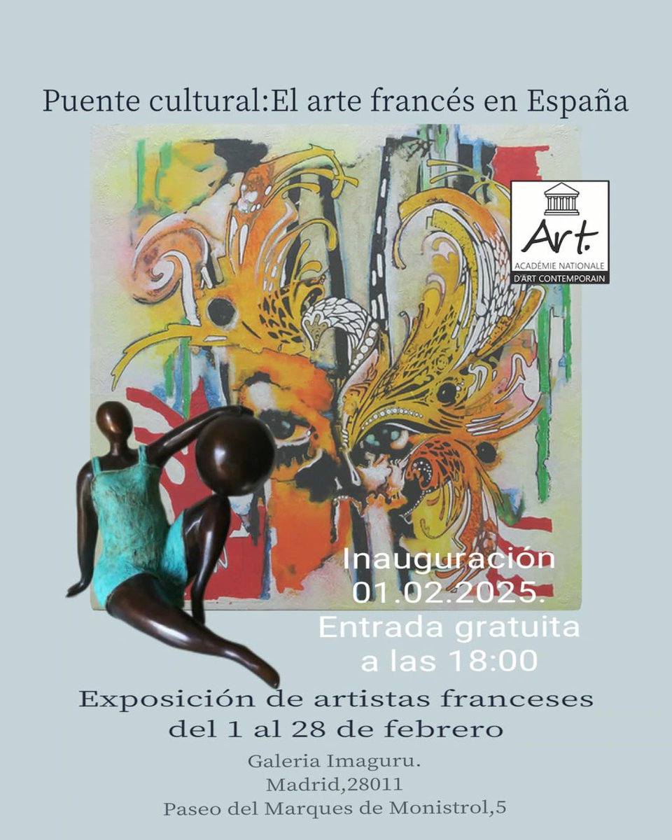 Vernissage exceptionnel à Madrid !

La galerie Imaguru est ravie de vous inviter au vernissage de sa nouvelle exposition, mettant à l’honneur le talent d’artistes français en février

Lieu : Espace Galerie Imaguru, Madrid
Date : Jeudi 1er février 2025, à partir de 18h